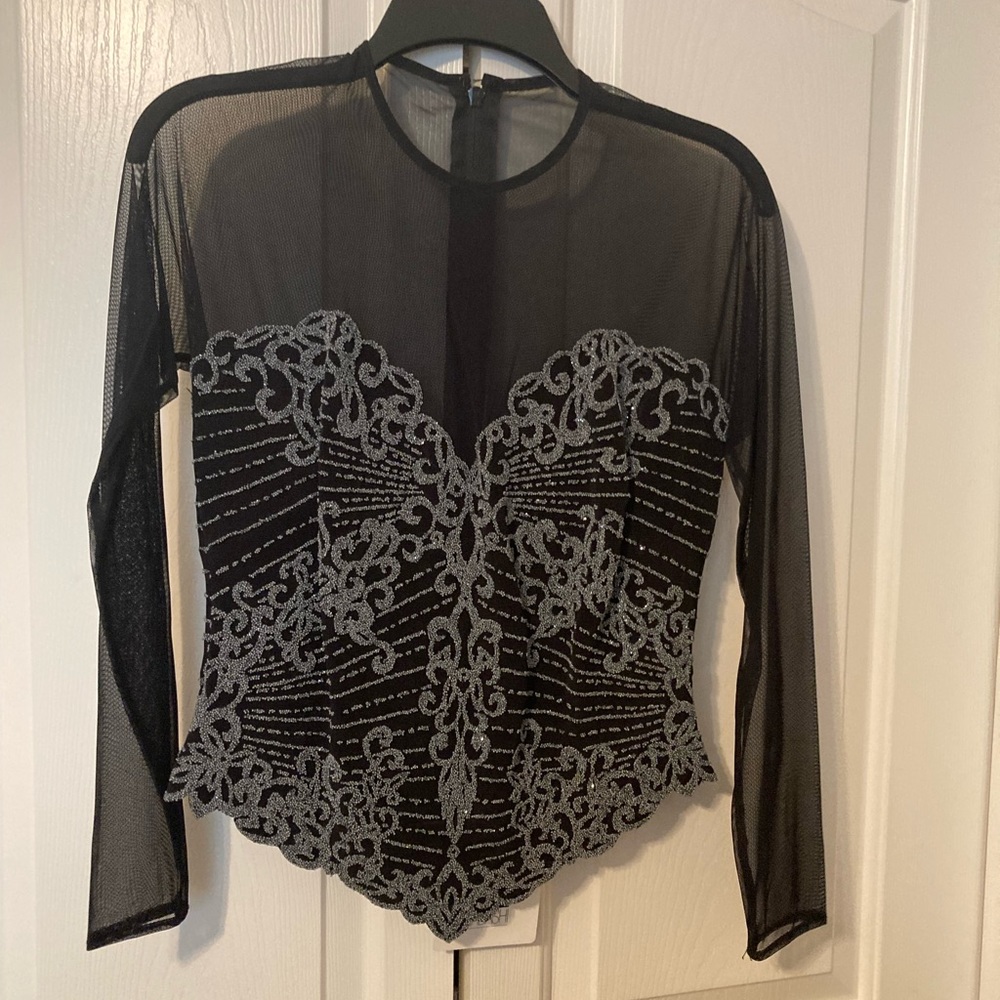 Tadashi black mesh, sheer yoke and sleeves with beading on bodice.